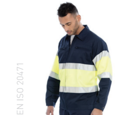 BLUSAO ALTA VISIBILIDADE FITAS REFLETORAS HOMEM - SARJA 65% POLIESTER 35% ALGODAO 200GR/M2